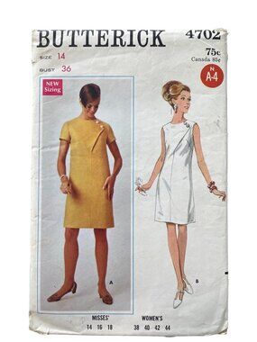 Vintage 60s Butterick Vintage Sewing Pattern Size 14 One Piece Shift Dress CUT